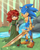Size: 1040x1292 | Tagged: safe, artist:roboprism, sally acorn, sonic the hedgehog, chipmunk, hedgehog, sonic and the black knight, 2023, clothes, daytime, dress, duo, female, forest, holding something, male, nature, sally x sonic, shipping, standing, straight, sunlight, sword, tiara, tree, water, weapon