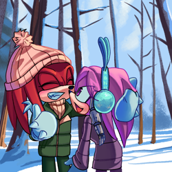 Size: 1024x1024 | Tagged: safe, artist:cosmicangelart, julie-su, knuckles the echidna, echidna, 2024, blushing, clothes, daytime, duo, female, forest, fully clothed, happy, hat, jacket, julie-su x knuckles, looking at each other, male, pants, scarf, shipping, snow, straight, tree, winter outfit