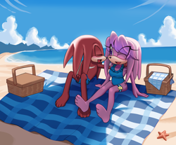 Size: 1200x993 | Tagged: safe, artist:cosmicangelart, julie-su, knuckles the echidna, echidna, 2025, basket, beach, blushing, clothes, daytime, duo, eyes closed, female, hand on another's shoulder, happy, julie-su x knuckles, literal animal, looking at each other, male, open smile, picnic basket, shadow (lighting), shipping, sitting, smile, starfish, straight, swimming trunks, swimsuit