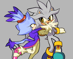 Size: 1610x1300 | Tagged: safe, artist:cosmicangelart, blaze the cat, silver the hedgehog, cat, hedgehog, 2026, blaze x silver, duo, female, grey background, looking at each other, male, shipping, simple background, straight
