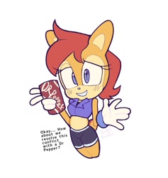Size: 1053x1112 | Tagged: safe, artist:tazartthehyena, sally acorn, chipmunk, 2026, dialogue, dr pepper, drink, english text, female, holding something, looking at viewer, sally's ringblader outfit, simple background, soda, solo, v sign, white background