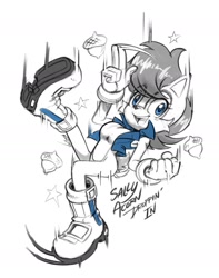 Size: 1359x1722 | Tagged: safe, artist:koud3x, artist:sanikink, sally acorn, chipmunk, 2026, acorn, falling, female, food, greyscale, looking at viewer, open smile, sally's vest and boots, simple background, smile, smiling at viewer, solo, star (symbol), white background