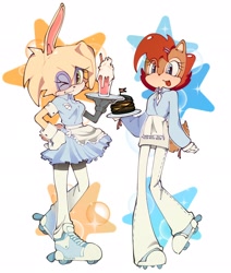 Size: 1734x2048 | Tagged: safe, artist:mas9lm, bunnie rabbot, sally acorn, chipmunk, rabbit, 2025, bubbles, burger, clothes, drink, drinking glasses, duo, female, food, fully clothed, holding something, looking at viewer, plate, rollerskates, simple background, smile, smiling at viewer, sparkles, star (symbol), waitress, white background