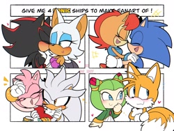 Size: 2048x1536 | Tagged: safe, artist:r_1807_, amy rose, cosmo the seedrian, miles "tails" prower, rouge the bat, sally acorn, shadow the hedgehog, silver the hedgehog, sonic the hedgehog, bat, chipmunk, fox, hedgehog, seedrian, 2025, blushing, duo focus, english text, eyes closed, female, group, happy, heart, kiss, kiss on cheek, male, meme, sally's ringblader outfit, shadouge, shipping, shy, silvamy, straight, tailsmo