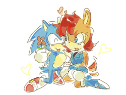 Size: 1080x810 | Tagged: safe, artist:yoviana_723, sally acorn, sonic the hedgehog, chipmunk, hedgehog, 2025, colored sketch, duo, female, flower, heart, holding something, looking at each other, male, sally x sonic, sally's ringblader outfit, shipping, simple background, sitting, sketch, straight, white background