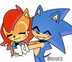 Size: 370x320 | Tagged: safe, artist:povor10, sally acorn, sonic the hedgehog, chipmunk, hedgehog, 2025, blushing, duo, eyes closed, female, hugging, low res, male, sally x sonic, sally's ringblader outfit, shipping, simple background, smile, straight, white background