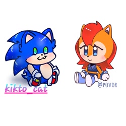 Size: 1280x1280 | Tagged: safe, artist:kikto_cat, artist:povor10, sally acorn, sonic the hedgehog, chipmunk, hedgehog, 2025, blushing, chibi, duo, female, male, sally x sonic, sally's ringblader outfit, shipping, simple background, sitting, smile, straight, white background