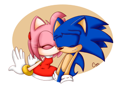 Size: 1025x723 | Tagged: safe, artist:pikoreto, amy rose, sonic the hedgehog, hedgehog, amy x sonic, blushing, dress, eyes closed, female, hairband, male, shipping, straight, transparent background