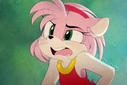 Size: 1200x800 | Tagged: safe, artist:pibblespuppy, amy rose, hedgehog, don bluth, dress, hairband, open mouth, solo female, style emulation