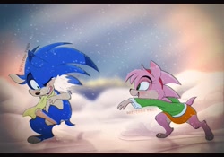 Size: 1200x840 | Tagged: safe, artist:pibblespuppy, amy rose, sonic the hedgehog, hedgehog, blushing, classic amy, classic sonic, don bluth, duo, female, male, skirt, snow, snowball, snowball fight, style emulation