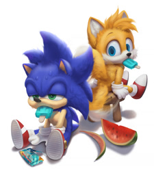 Size: 886x985 | Tagged: safe, artist:silverfox5213, miles "tails" prower, sonic the hedgehog, fox, hedgehog, collaboration, duo, gloves, male, popsicle, sea salt ice cream, shoes, sweatdrop, watermelon, white background