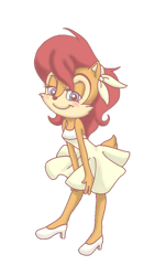 Size: 600x1067 | Tagged: safe, artist:donkeyinthemiddle, sally acorn, chipmunk, hybrid, squirrel, dress, high heels, looking at viewer, smile, smiling at viewer, standing, transparent background