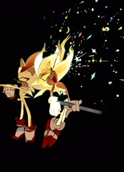 Size: 1484x2048 | Tagged: safe, artist:afajiao, shadow the hedgehog, sonic the hedgehog, super shadow, super sonic, 2025, black background, duo, eyes closed, gay, guitar, holding something, microphone, mouth open, playing music, shadow x sonic, shipping, simple background, singing, smile, super form