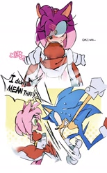 Size: 1260x2048 | Tagged: suggestive, artist:afajiao, amy rose, sonic the hedgehog, amy x sonic, blushing, comic, duo, english text, lifting dress, shipping, speech bubble, straight, sweat