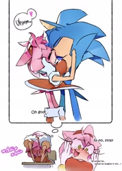 Size: 1460x2048 | Tagged: suggestive, artist:afajiao, amy rose, sonic the hedgehog, 2025, amy x sonic, comic, desk, duo, english text, hands on own head, heart, kiss, mouth open, shipping, simple background, smile, speech bubble, standing, straight, thought bubble, white background