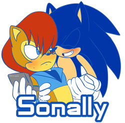 Size: 1187x1161 | Tagged: safe, artist:rubywiitch, nicole the handheld, sally acorn, sonic the hedgehog, chipmunk, hedgehog, 2015, blushing, duo, english text, female, holding something, male, sally x sonic, sally's ringblader outfit, shipping, straight, transparent background