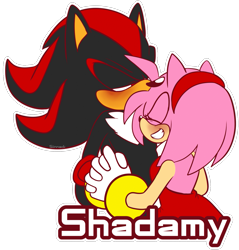 Size: 1367x1431 | Tagged: safe, artist:rubywiitch, amy rose, shadow the hedgehog, hedgehog, 2015, amy x shadow, blushing, duo, english text, female, holding hands, male, shipping, straight, transparent background
