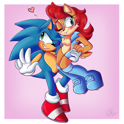 Size: 2000x2000 | Tagged: safe, artist:yoshiyoshi700, sally acorn, sonic the hedgehog, chipmunk, hedgehog, 2022, blushing, carrying them, duo, female, heart, looking at viewer, male, sally x sonic, sally's vest and boots, shipping, simple background, smile, smiling at viewer, straight, wink