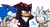Size: 2048x1108 | Tagged: safe, artist:violetmadness7, shadow the hedgehog, silver the hedgehog, sonic the hedgehog, hedgehog, crying, emanata, gloves, laughing, laughing wolves meme, male, meme, open mouth, open smile, simple background, tears of laughter, trio, unamused, white background