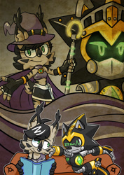 Size: 1024x1446 | Tagged: safe, artist:bohemianlizardking, nicole the hololynx, shard the metal, lynx, 2018, book, duo, female, holding something, knight armor, looking at them, looking at viewer, male, nicole x shard, robot, shipping, sitting, sleeping, sofa, straight, witch outfit, zzz