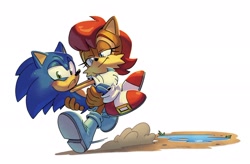 Size: 2048x1347 | Tagged: safe, artist:starrjoyart, sally acorn, sonic the hedgehog, chipmunk, hedgehog, 2023, blushing, carrying them, duo, dust, female, male, puddle, sally x sonic, sally's vest and boots, shipping, straight