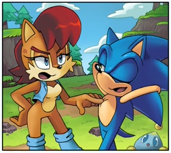 Size: 2052x1830 | Tagged: safe, artist:angiethecat, sally acorn, sonic the hedgehog, chao, chipmunk, hedgehog, 2024, angry, daytime, duo, duo focus, female, hands behind head, looking at each other, male, pointing, sally x sonic, sally's vest and boots, shipping, straight, tree, trio