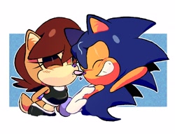 Size: 2700x2100 | Tagged: dead source, safe, artist:spinstellar, sally acorn, sonic the hedgehog, chao, chipmunk, hedgehog, 2022, duo, eyes closed, female, hands behind head, heart, kisa, kiss on nose, male, sally x sonic, sally's ringblader outfit, shipping, straight