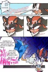 Size: 1373x2048 | Tagged: suggestive, artist:afajiao, rouge the bat, shadow the hedgehog, sonic the hedgehog, 2025, comic, english text, food on face, gay, heart, holding something, looking at them, shadow x sonic, shipping, speech bubble, tongue out, trio