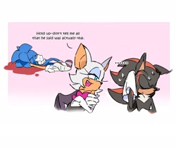 Size: 2048x1724 | Tagged: safe, artist:afajiao, rouge the bat, shadow the hedgehog, sonic the hedgehog, 2025, blood, comic, english text, eyes closed, gay, gradient background, holding something, looking at them, lying on side, pink background, shadow x sonic, shipping, simple background, smile, trio