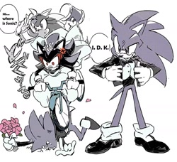 Size: 1404x1280 | Tagged: safe, artist:afajiao, amy rose, shadow the hedgehog, sonic the hedgehog, 2025, alternate outfit, alternate shoes, bicycle, bouquet, crossdressing, dress, english text, flower, gay, greyscale, holding something, monochrome, piko piko hammer, shadow x sonic, shipping, simple background, smile, speech bubble, standing, suit, trio, white background