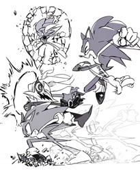 Size: 1280x1561 | Tagged: safe, artist:afajiao, infinite the jackal, shadow the hedgehog, sonic the hedgehog, 2025, eyes closed, fight, greyscale, infinite's mask, mask, monochrome, mouth open, running, simple background, smile, trio, white background