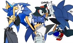 Size: 2048x1208 | Tagged: safe, artist:afajiao, metal sonic, neo metal sonic, shadow the hedgehog, sonic the hedgehog, 2025, cosplay, english text, hand on own head, hands on own head, holding something, lidded eyes, looking at them, simple background, standing, white background