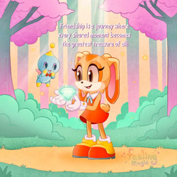 Size: 894x894 | Tagged: safe, artist:faelingmagic, cheese (chao), cream the rabbit, chao, rabbit, cheeseabetes, creamabetes, cute, dialogue, dress, duo, female, gem, male, open mouth, open smile, shoes, standing, tree