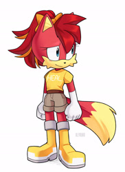 Size: 1600x2198 | Tagged: safe, artist:alyrian, artist:rrfyggyyhyyhuythh, fiona fox, fox, 2020, clothes, female, hair bow, looking offscreen, ponytail, redesign, simple background, solo, standing, white background