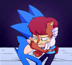 Size: 2000x1798 | Tagged: safe, artist:alyrian, artist:rrfyggyyhyyhuythh, sally acorn, sonic the hedgehog, chipmunk, hedgehog, 2020, bed, comforting, crying, duo, female, hugging, male, redesign, sally x sonic, shipping, sitting, straight, tears, tears of sadness