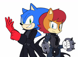 Size: 1280x935 | Tagged: safe, artist:alyrian, sally acorn, sonic the hedgehog, chipmunk, hedgehog, 2020, cosplay, duo, female, looking at viewer, male, persona (series), pose, sally x sonic, shipping, simple background, straight, white background
