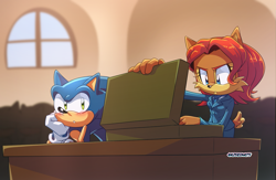 Size: 1499x976 | Tagged: safe, artist:risziarts, sally acorn, sally mcacorn, sonic the hedgehog, chipmunk, hedgehog, 2023, blushing, briefcase, courtroom, daytime, duo, female, lawyer, looking at something, looking at them, male, sally x sonic, shipping, sitting, straight
