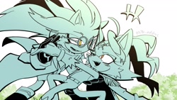 Size: 1920x1080 | Tagged: safe, artist:milk_addicc, blaze the cat, silver the hedgehog, cat, hedgehog, 2026, blaze x silver, blushing, clothes, dancing, daytime, duo, female, glasses, looking at each other, male, older, shipping, straight, tree