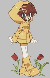 Size: 569x880 | Tagged: safe, artist:candleyy, sally acorn, chipmunk, female, flower, grey background, looking at viewer, open smile, raincoat, rose, simple background, smile, smiling at viewer, solo, standing