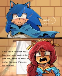 Size: 1143x1401 | Tagged: safe, artist:mari_maria03, sally acorn, sonic the hedgehog, chipmunk, hedgehog, 2025, building, clothes, crying, dialogue, dress, duo, english text, epic the musical, female, fully clothed, indoors, jewelry, looking at each other, male, necklace, ring (jewelry), sally x sonic, scar, shipping, speech bubble, straight, sunglasses, tears, tiara, window, wound