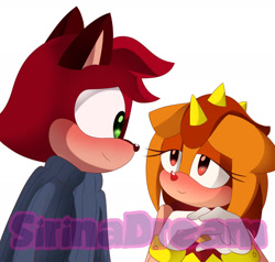 Size: 1416x1348 | Tagged: safe, artist:sirinathehedgehog, barry the quokka, trip the sungazer, lizard, 2025, barry x trip, blushing, clothes, duo, female, looking at each other, male, male barry, quokka, shipping, simple background, smile, smiling at each other, straight, sweatdrop, watermark, white background