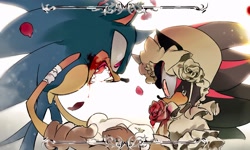 Size: 2048x1230 | Tagged: safe, artist:afajiao, shadow the hedgehog, sonic the hedgehog, 2025, alternate eye color, alternate universe, bandage, blood, bonnet, crossdressing, duo, flower, gay, looking at them, petals, shadow x sonic, sharp teeth, shipping, simple background, white background