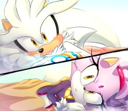 Size: 1500x1300 | Tagged: safe, artist:ferliane, blaze the cat, silver the hedgehog, cat, hedgehog, 2022, artist signature, bed, blanket, blaze x silver, blushing, duo, female, looking at viewer, lying down, male, morning, shipping, straight, sunlight, waking up
