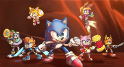 Size: 1080x588 | Tagged: safe, artist:fliviartoon, antoine d'coolette, bunnie rabbot, miles "tails" prower, rotor walrus, sally acorn, sonic the hedgehog, chipmunk, coyote, fox, hedgehog, rabbit, walrus, female, fight, fist, freedom fighters, group, holding something, looking offscreen, male, piko piko hammer, sally's ringblader outfit, sword, weapon