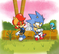 Size: 900x820 | Tagged: safe, artist:fliviartoon, sally acorn, sonic the hedgehog, bird, chipmunk, hedgehog, 2023, blushing, bush, classic sally, classic sonic, daytime, duo focus, eyes closed, female, forest, literal animal, log, looking at each other, male, sally x sonic, sally's ringblader outfit, shipping, sitting, straight, tree, trio, watermark