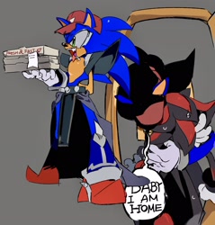 Size: 1956x2048 | Tagged: safe, artist:afajiao, metal sonic, neo metal sonic, shadow the hedgehog, sonic the hedgehog, 2025, box, cosplay, duo, english text, food, gay, grey background, hand behind back, hat, holding something, hugging, shadow x sonic, shipping, simple background, speech bubble, standing