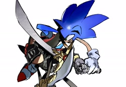 Size: 2048x1414 | Tagged: safe, artist:afajiao, shadow the hedgehog, sonic the hedgehog, sonic and the black knight, 2025, armor, duo, fight, holding something, simple background, sir lancelot, sword, white background
