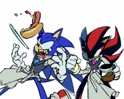 Size: 2048x1628 | Tagged: safe, artist:afajiao, shadow the hedgehog, sonic the hedgehog, 2025, apron, chili dog, coffee, drink, duo, food, gay, holding something, mouth open, shadow x sonic, shipping, simple background, standing, waiter, white background