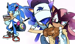 Size: 2048x1224 | Tagged: safe, artist:afajiao, shadow the hedgehog, sonic the hedgehog, 2025, alternate outfit, alternate shoes, bag, book, duo, gay, glasses, hat, headphones, holding something, looking at each other, looking at them, piercing, shadow x sonic, shipping, simple background, standing, white background