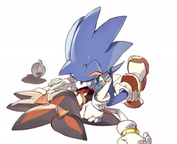 Size: 2048x1672 | Tagged: safe, artist:afajiao, shadow the hedgehog, sonic the hedgehog, 2025, cup, duo, gay, looking at each other, looking at them, lying down, necktie, pinning them, shadow x sonic, shipping, shirt, simple background, sweat, white background
